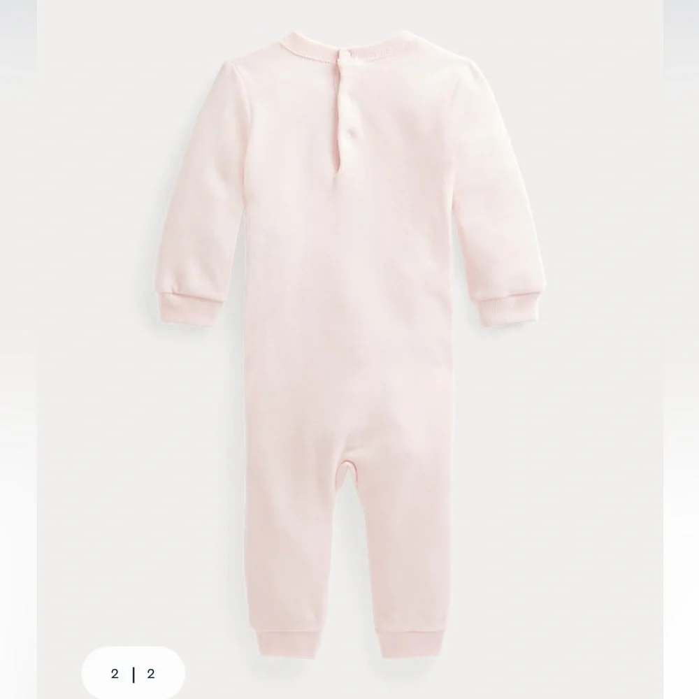 Ralph Lauren Baby Girl Pink Polo Teddy Bear Cotton Fleece Coverall Romper 9 Mo - Picture 2 of 16
